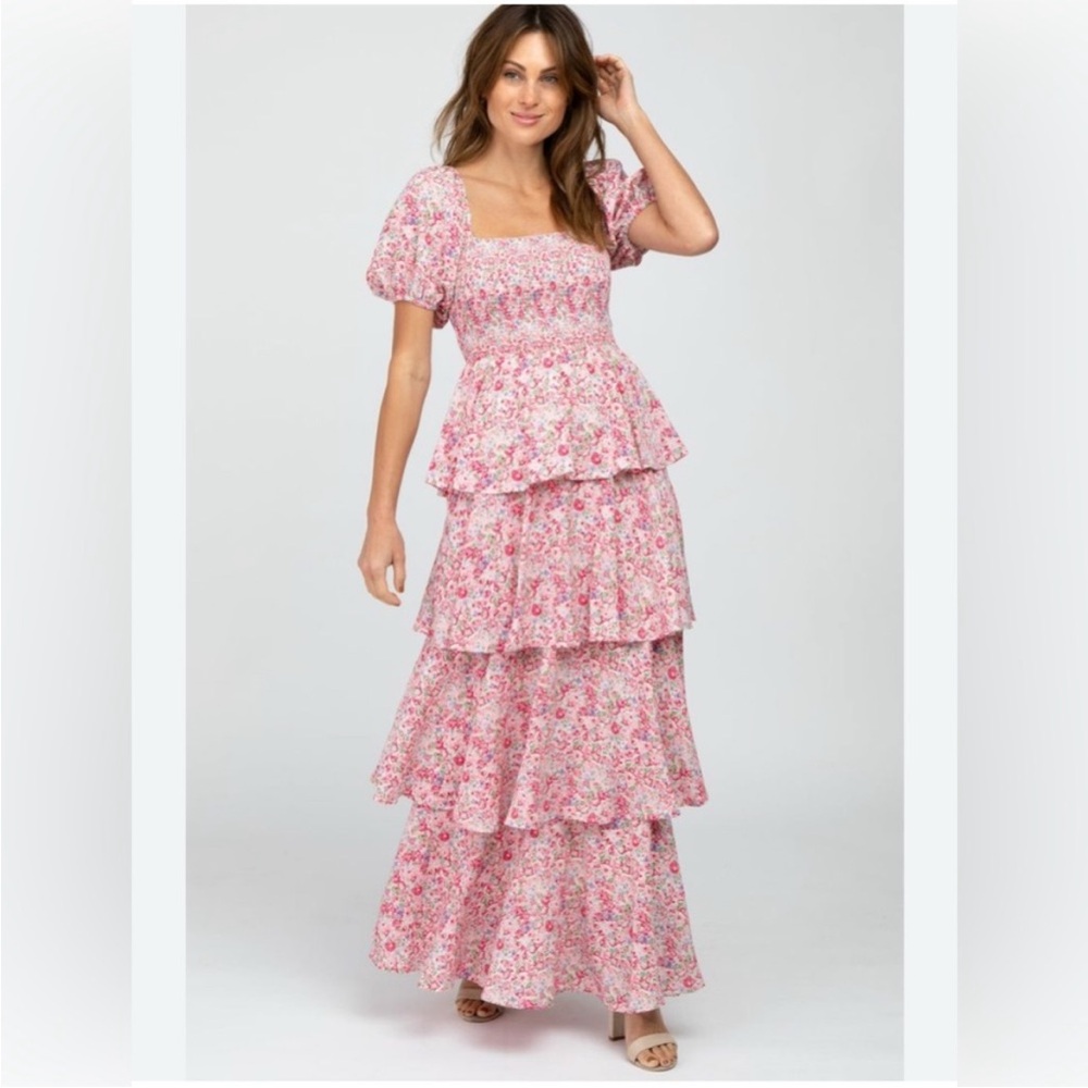 Pink Floral Tiered Maxi Dress with Smocked Bodice and Puff Sleeves